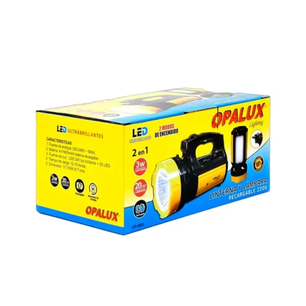 Linterna Lámpara Portátil Recargable LED 3W OP-4803 OPALUX - Imagen 4